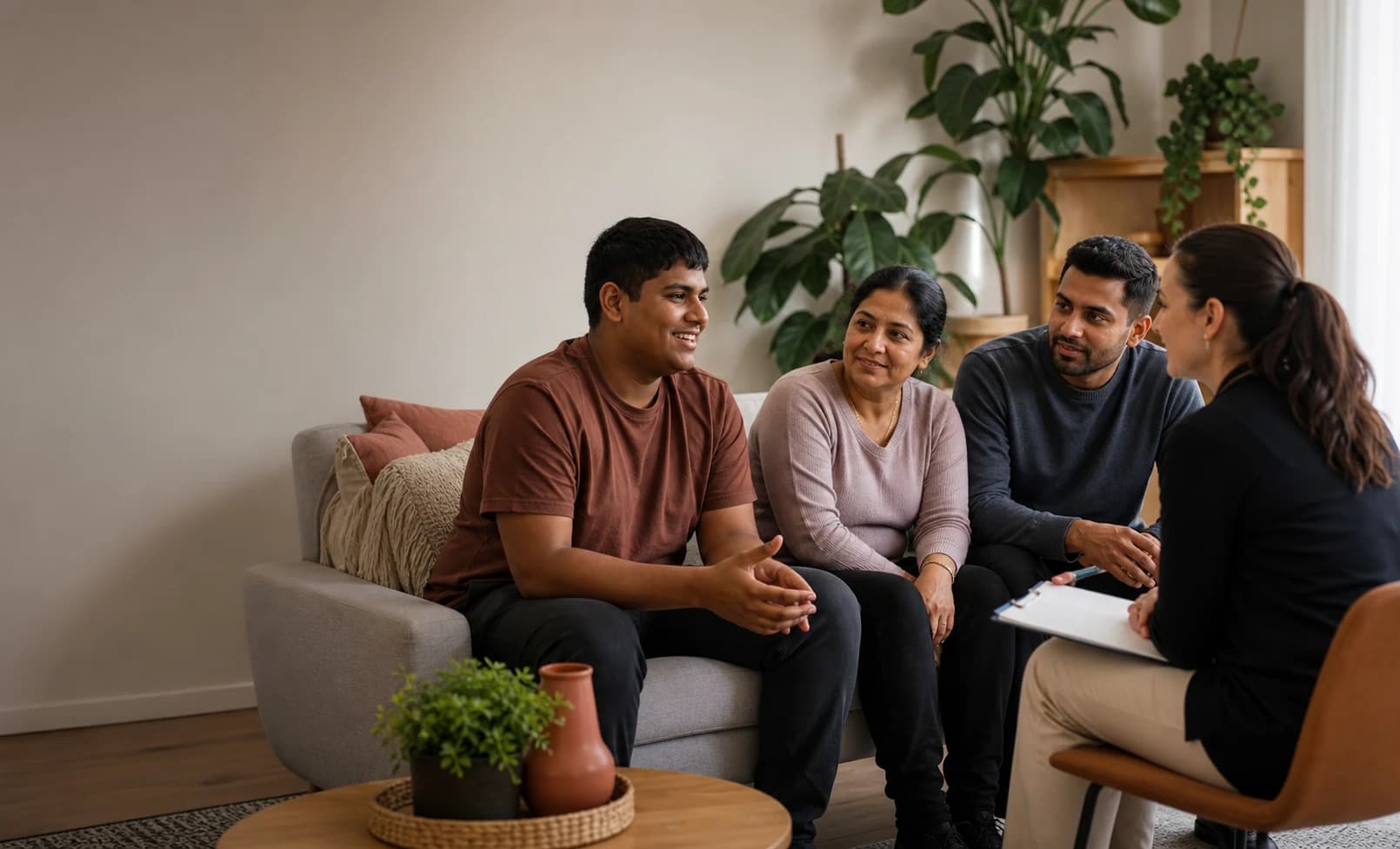 An adult participant and family speaking with a disability support professional at home