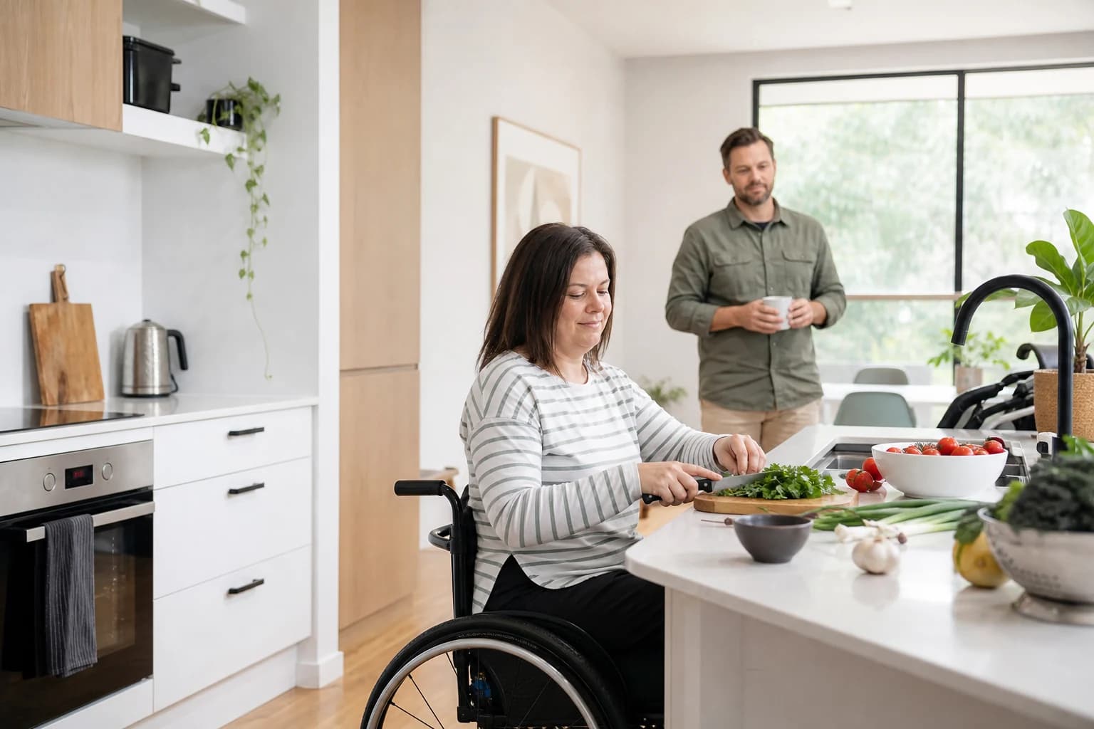 An adult participant independently preparing food in an accessible kitchen with support nearby